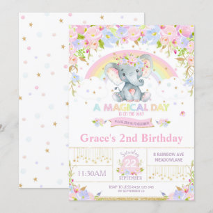 Rainbow Elephant Birthday Party Invitation Girl