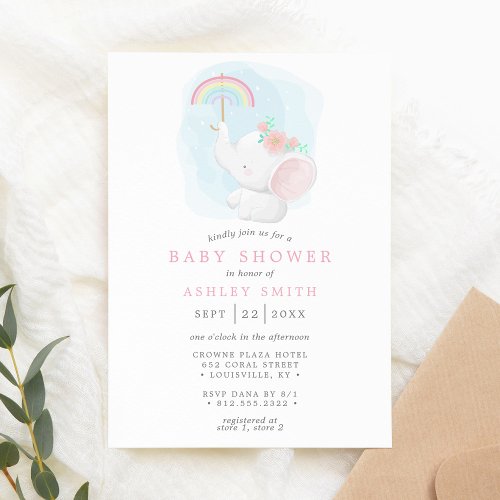 Rainbow Elephant Watercolor Girl Baby Shower Invitation