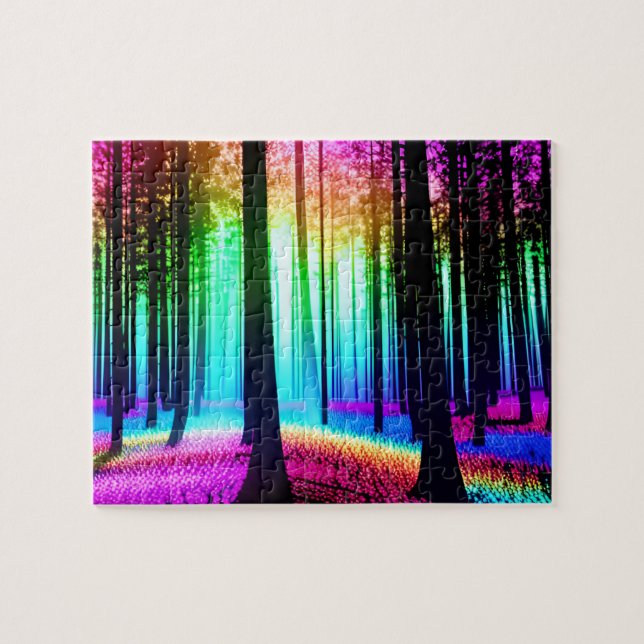 Rainbow Enchanted Forest and Black Tree Silhouette Jigsaw Puzzle (Horizontal)