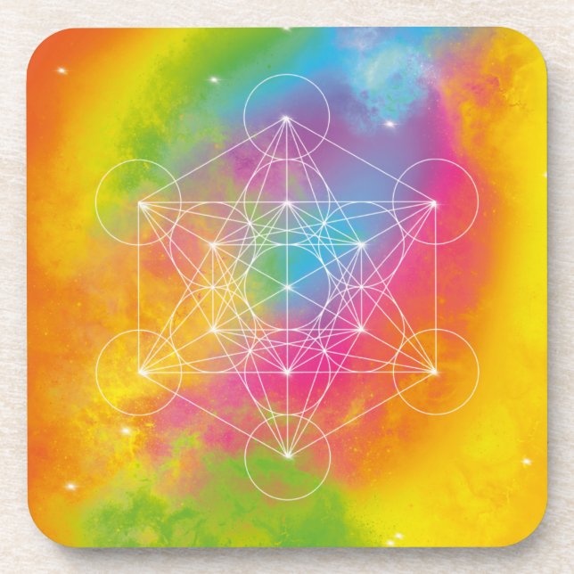 Rainbow Energy – Metatron’s Cube Sacred Geometry Beverage Coaster (Front)