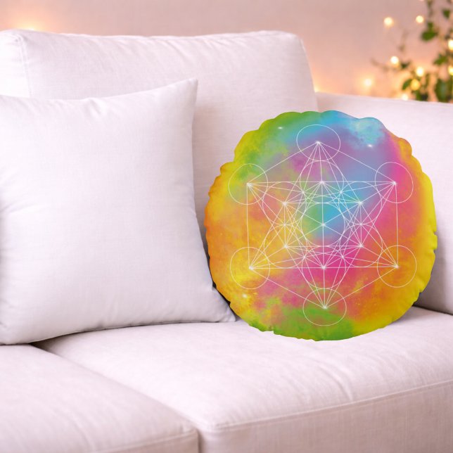 Rainbow Energy – Metatron’s Cube Sacred Geometry Round Pillow (Creator Uploaded)