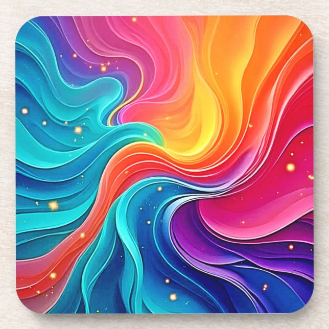 Rainbow Energy Swirl: Vibrant Flow Art Beverage Coaster (Front)