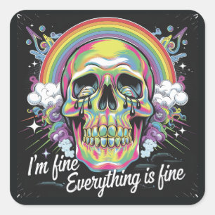 Rainbow Everything is Fine Crying Skull Square Sticker