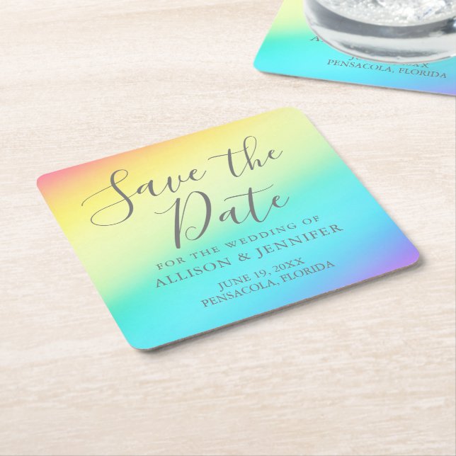 Rainbow Fade Cheerful LGBTQ Save the Date Square Paper Coaster (Angled)
