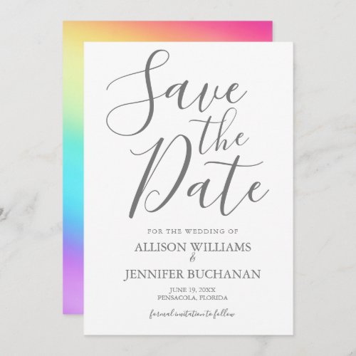 Rainbow Fade Chic Grey Typography LGBT Gay Wedding Save The Date