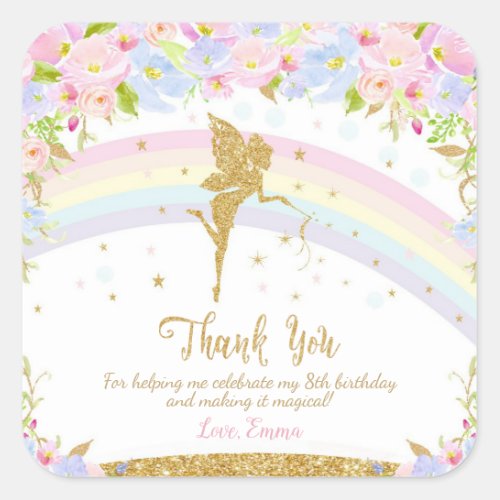Rainbow Fairy Birthday Party Thank You Favor Square Sticker