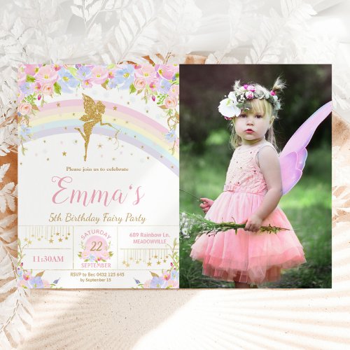 Rainbow Fairy Floral Birthday Party Photo Picture Invitation