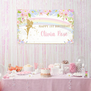 Rainbow Fairy Pink Blue Floral Birthday Backdrop B Banner