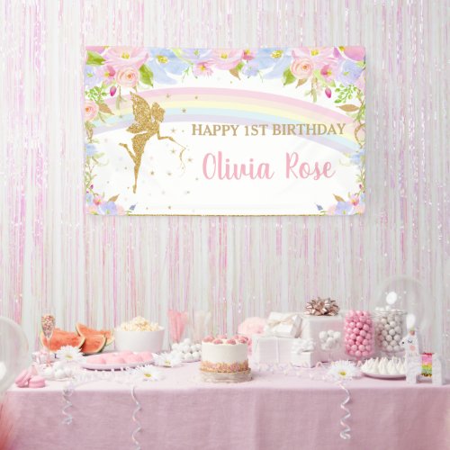 Rainbow Fairy Pink Blue Floral Birthday Backdrop B Banner