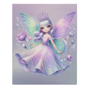 Rainbow Fairy Princess With Peony Floral Girl’s Faux Canvas Print
