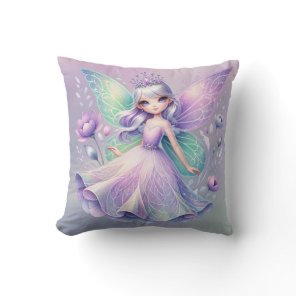 Rainbow Fairy Princess With Peony Floral Girl’s Throw Pillow