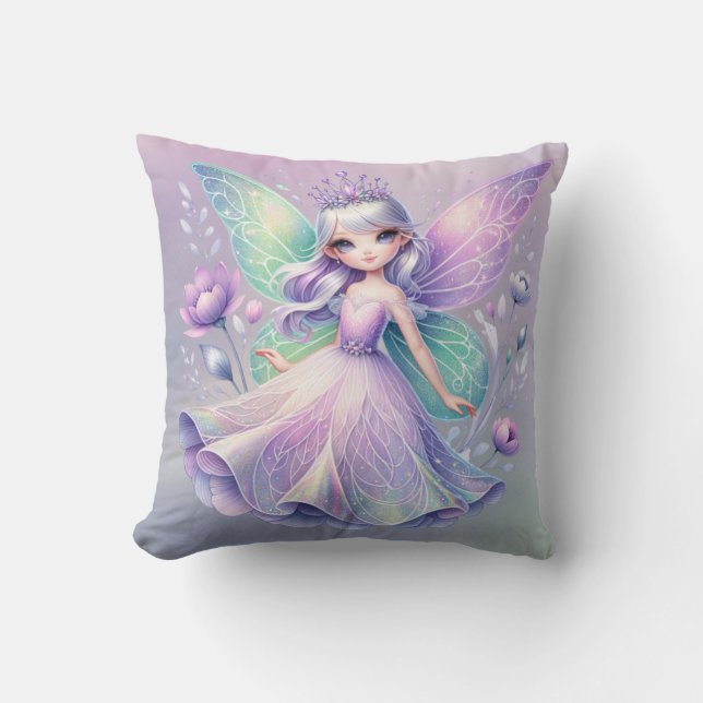 Rainbow Fairy Princess With Peony Floral Girl’s Throw Pillow (Front)
