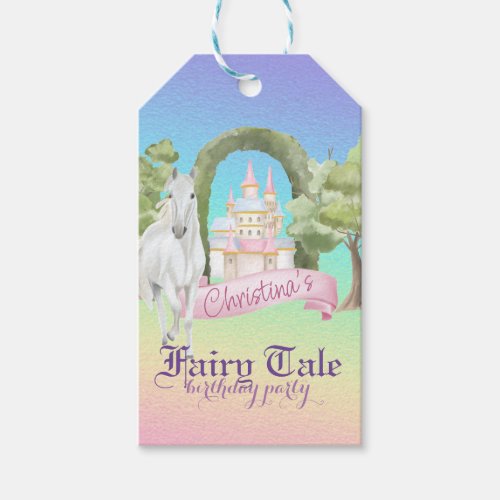 Rainbow Fairy Tale Castle  White Horse Watercolor Gift Tags