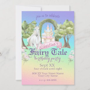 Rainbow Fairy Tale Castle White Horse Watercolor Invitation