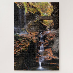 Rainbow Falls in Watkins Glen with Autumn Foliage Jigsaw Puzzle