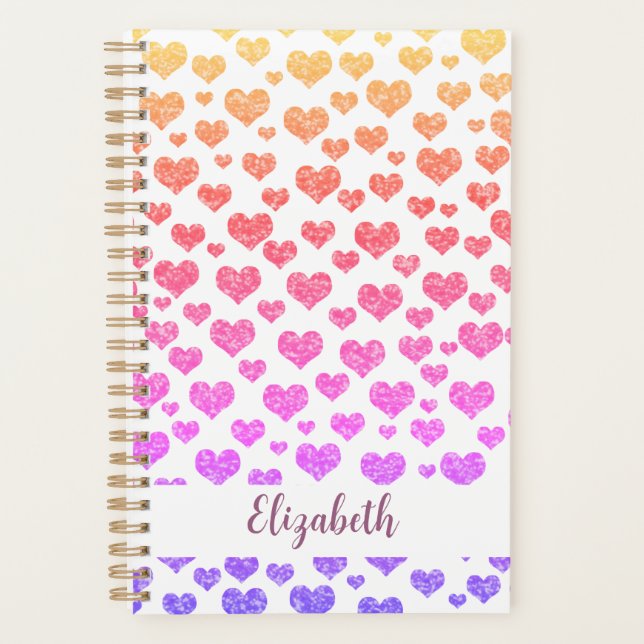 Rainbow Faux Glitter Hearts Bright Colorful Custom Planner (Front)