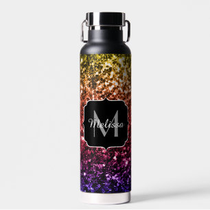 Rainbow faux glitter sparkles colorful Monogram Water Bottle