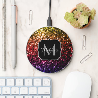 Rainbow faux glitter sparkles colorful Monogram Wireless Charger
