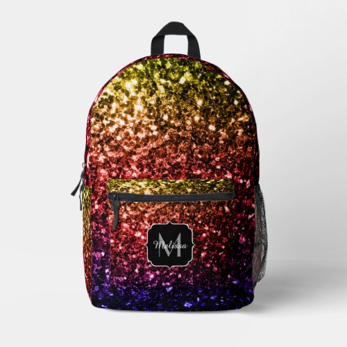 Rainbow faux glitter sparkles Monogram Printed Backpack