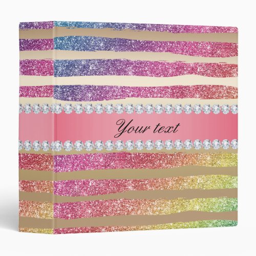 Rainbow Faux Glitter Stripes Diamonds Gold Binder