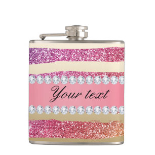 Rainbow Faux Glitter Stripes Diamonds Gold Flask