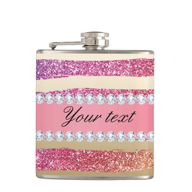 Rainbow Faux Glitter Stripes Diamonds Gold Flask (Front)