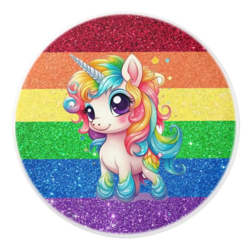 Rainbow Faux Glitter Unicorn Girly Pretty Ceramic Knob