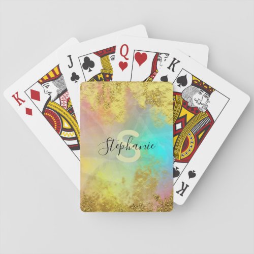 Rainbow Faux Gold Metallic Foil Glitter Paint Name Poker Cards