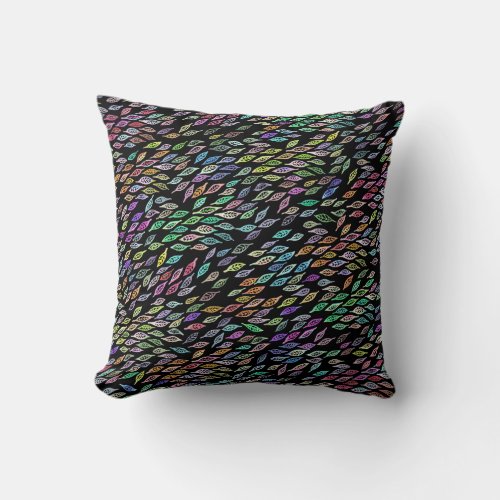 Rainbow Feather Leaves Watercolor Pattern Black Throw Pillow