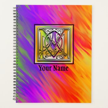 Rainbow Feathers Celtic Block M Monogram Planner by theWritingDesk at Zazzle