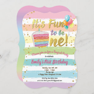 rainbow first 1st birthday party cake balloon invitation