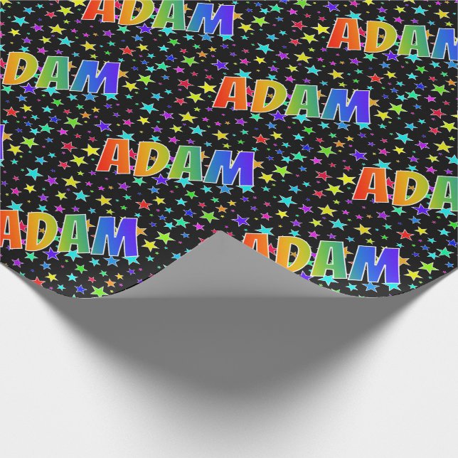 Rainbow First Name "ADAM" + Stars Wrapping Paper (Corner)