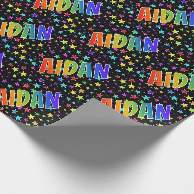 Rainbow First Name "AIDAN" + Stars Wrapping Paper (Corner)