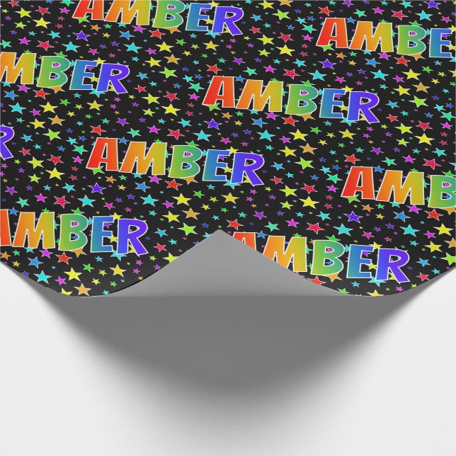 Rainbow First Name "AMBER" + Stars Wrapping Paper (Corner)