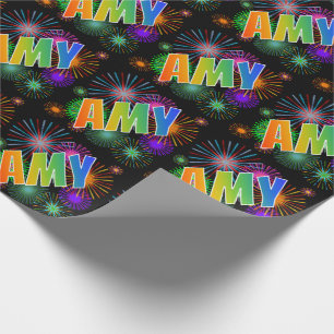 Rainbow First Name "AMY" + Fireworks Wrapping Paper