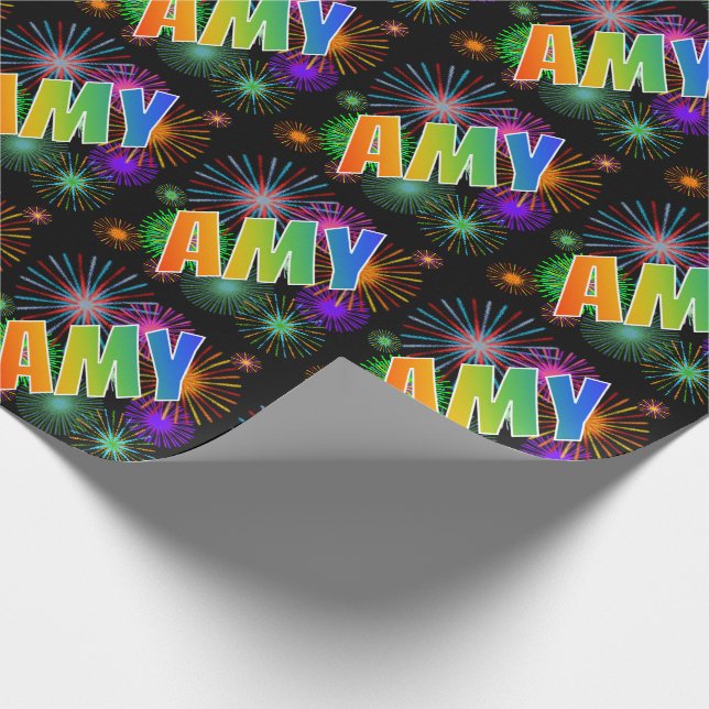 Rainbow First Name "AMY" + Fireworks Wrapping Paper (Corner)