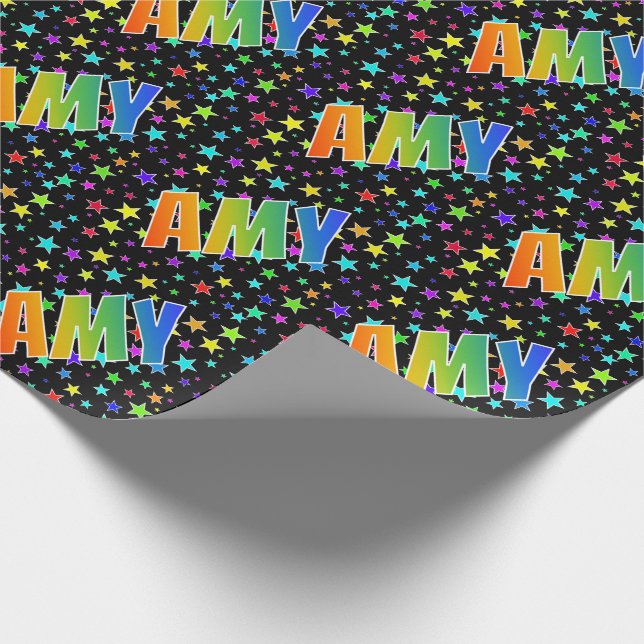 Rainbow First Name "AMY" + Stars Wrapping Paper (Corner)