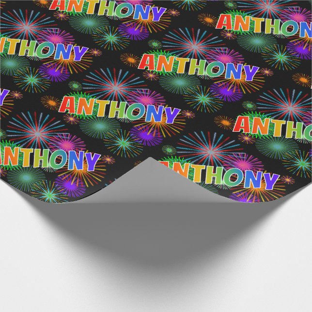 Rainbow First Name "ANTHONY" + Fireworks Wrapping Paper (Corner)