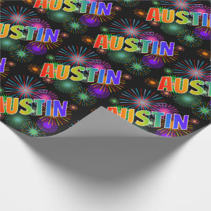 Rainbow First Name "AUSTIN" + Fireworks Wrapping Paper