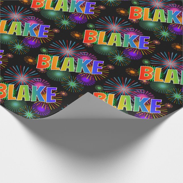 Rainbow First Name "BLAKE" + Fireworks Wrapping Paper (Corner)