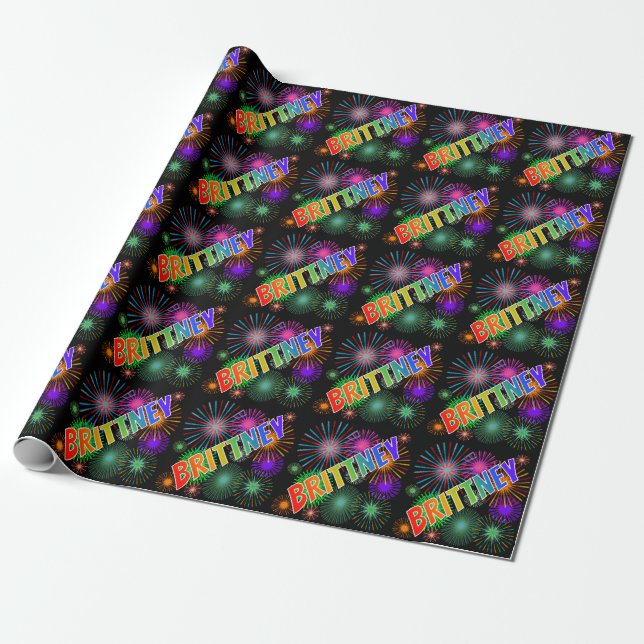 Rainbow First Name "BRITTNEY" + Fireworks Wrapping Paper (Unrolled)
