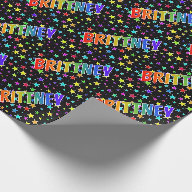 Rainbow First Name "BRITTNEY" + Stars Wrapping Paper (Corner)