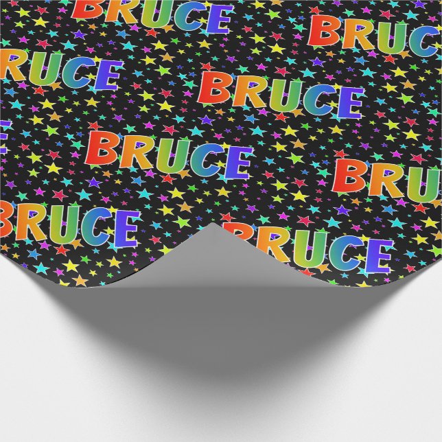 Rainbow First Name "BRUCE" + Stars Wrapping Paper (Corner)