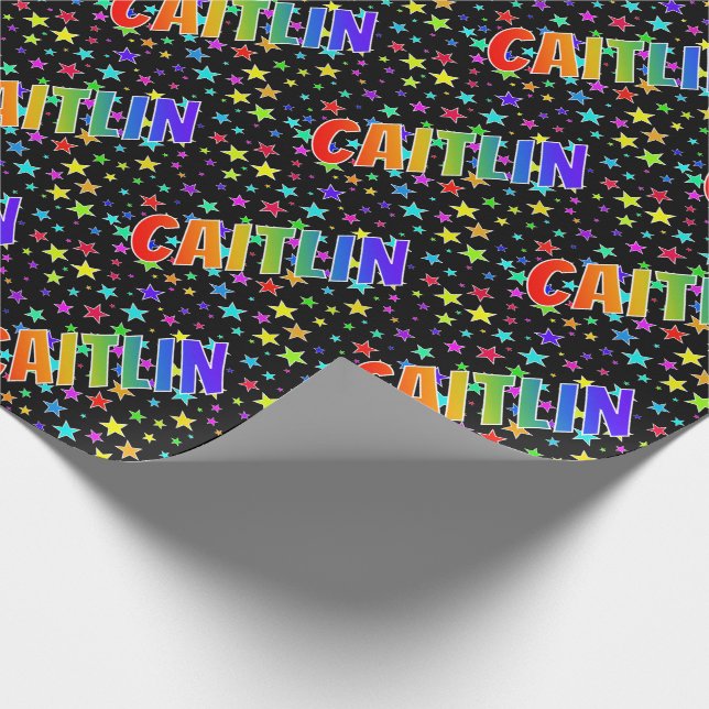 Rainbow First Name "CAITLIN" + Stars Wrapping Paper (Corner)