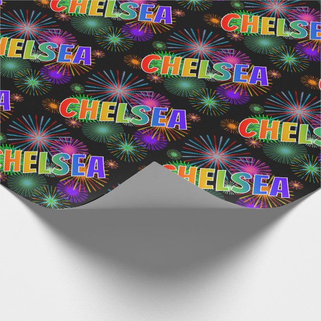 Rainbow First Name "CHELSEA" + Fireworks Wrapping Paper (Corner)