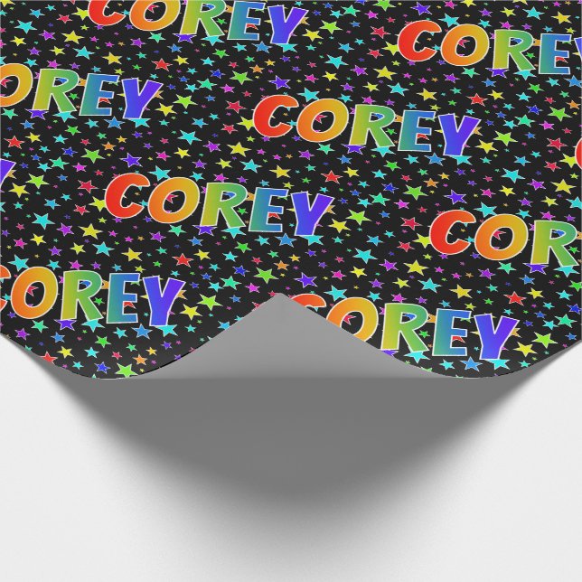 Rainbow First Name "COREY" + Stars Wrapping Paper (Corner)
