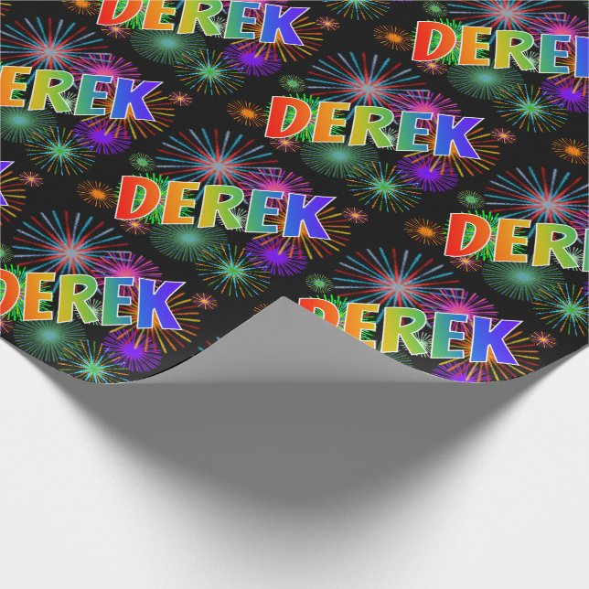 Rainbow First Name "DEREK" + Fireworks Wrapping Paper (Corner)