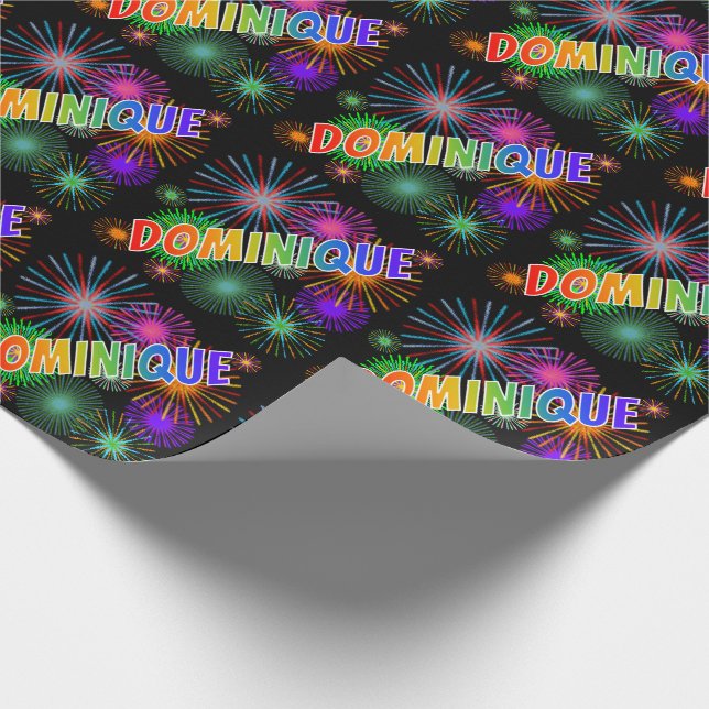 Rainbow First Name "DOMINIQUE" + Fireworks Wrapping Paper (Corner)