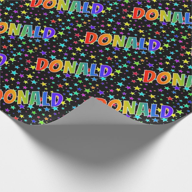 Rainbow First Name "DONALD" + Stars Wrapping Paper (Corner)