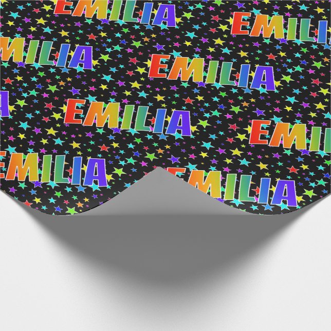Rainbow First Name "EMILIA" + Stars Wrapping Paper (Corner)